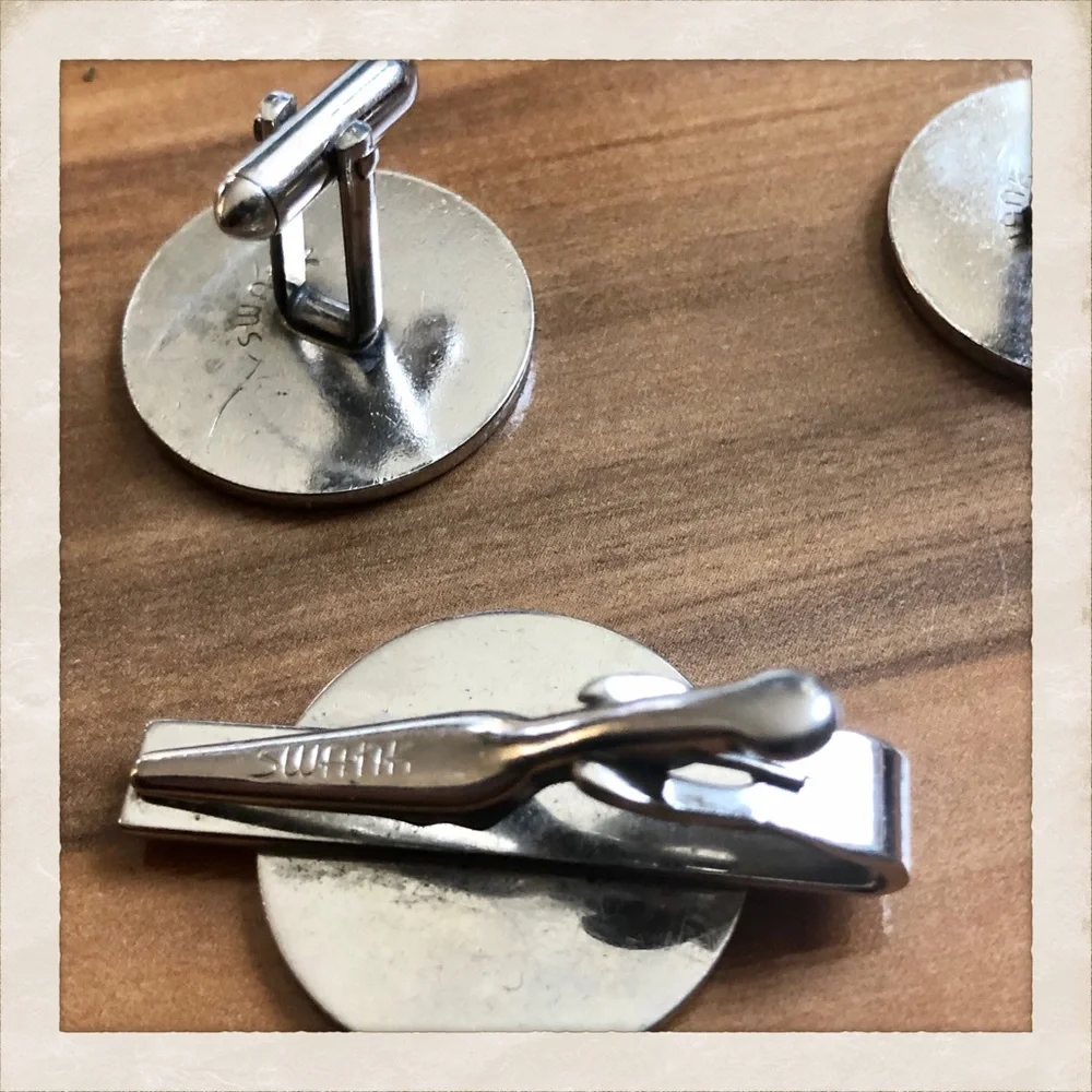 Vintage Egyptian SWANK Tie Clip & Cufflink Set in Black and Silver